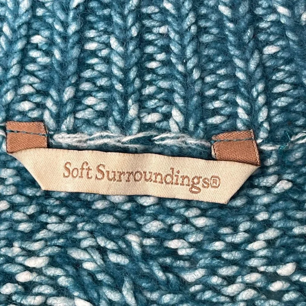 Soft Surroundings Women's Teal 1/4 Zip Aran Cable Knit Sweater Size M Wool Blend
